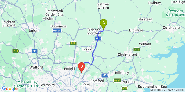 Map: London Stansted Airport (STN) to London - Buckhurst Hill