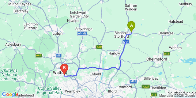 Map: London Stansted Airport (STN) to London - Bushey
