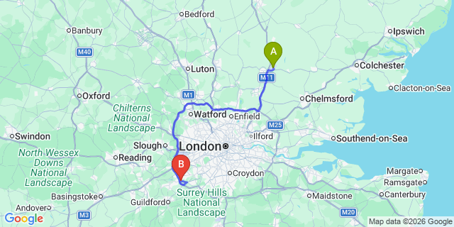 Map: London Stansted Airport (STN) to London - Byfleet