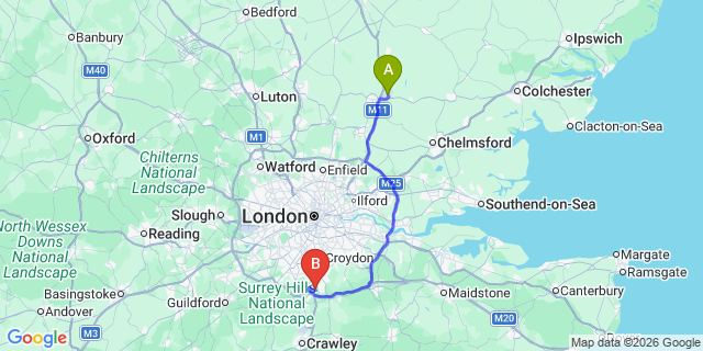 Map: London Stansted Airport (STN) to London - Chaldon