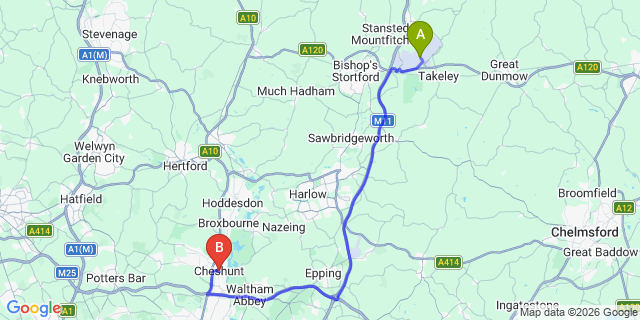 Map: London Stansted Airport (STN) to London - Cheshunt