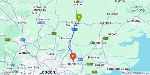 Map: London Stansted Airport (STN) to London - Collier Row
