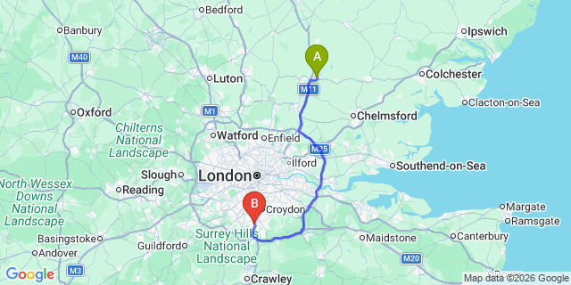 Map: London Stansted Airport (STN) to London - Coulsdon