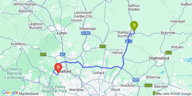 Map: London Stansted Airport (STN) to London - Croxley Green