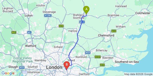 Map: London Stansted Airport (STN) to London - Denham