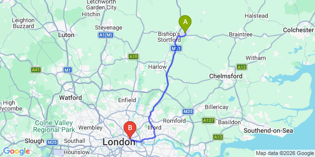 Map: London Stansted Airport (STN) to e1 whitechapel
