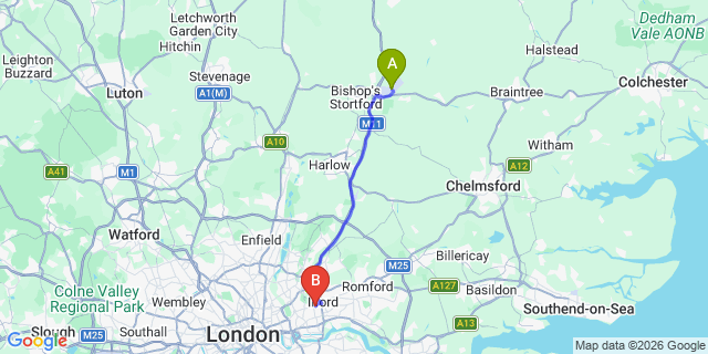 Map: London Stansted Airport (STN) to E12 Manor Park