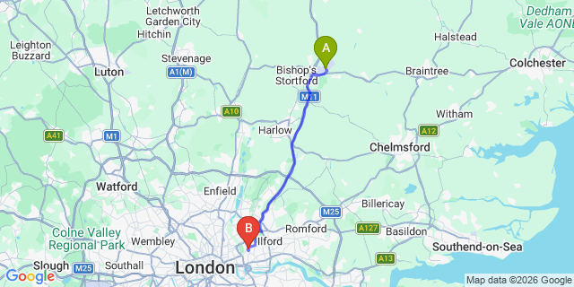 Map: London Stansted Airport (STN) to London E15