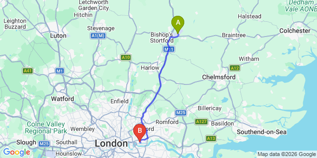 Map: London Stansted Airport (STN) to London E16