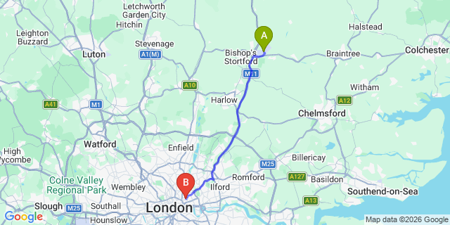 Map: London Stansted Airport (STN) to E2 Bethnal Green