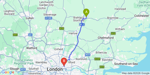 Map: London Stansted Airport (STN) to London E3