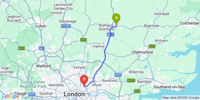 Map: London Stansted Airport (STN) to London E9
