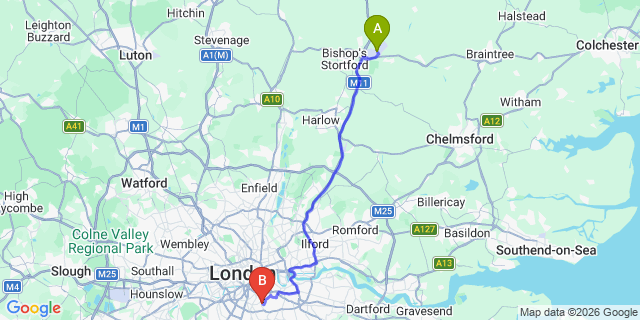 Map: London Stansted Airport (STN) to London - East Dulwich