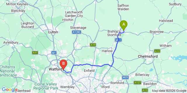 Map: London Stansted Airport (STN) to London - Elstree