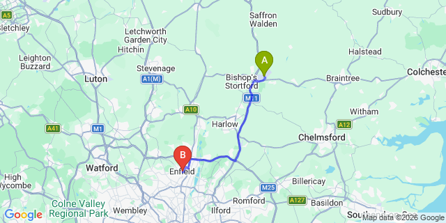 Map: London Stansted Airport (STN) to London - Enfield