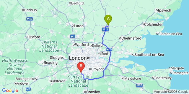 Map: London Stansted Airport (STN) to London - Epsom