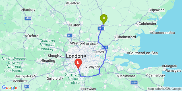 Map: London Stansted Airport (STN) to London - Ewell