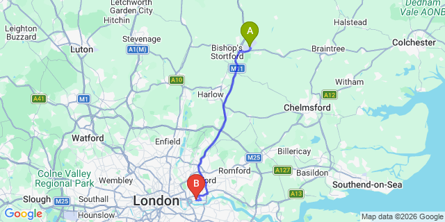 Map: London Stansted Airport (STN) to London - Excel