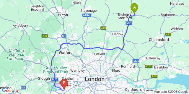 Map: London Stansted Airport (STN) to London - Feltham