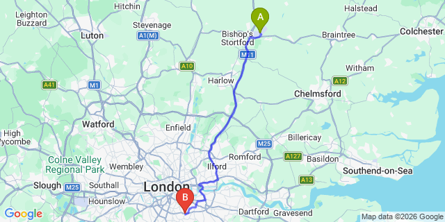 Map: London Stansted Airport (STN) to London - Forest Hill