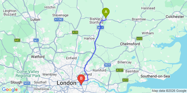 Map: London Stansted Airport (STN) to London - Greenwich