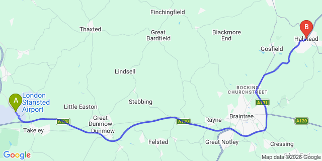Map: London Stansted Airport (STN) to London - Halstead