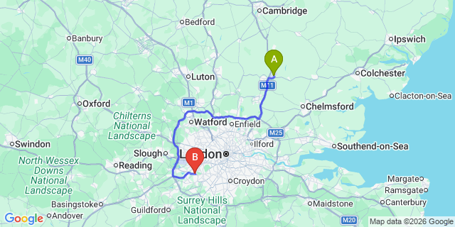 Map: London Stansted Airport (STN) to London - Hampton