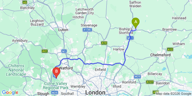 Map: London Stansted Airport (STN) to London - Harefield