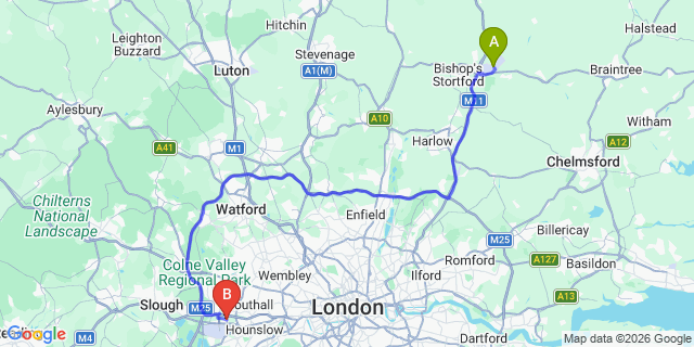 Map: London Stansted Airport (STN) to London - Harlington