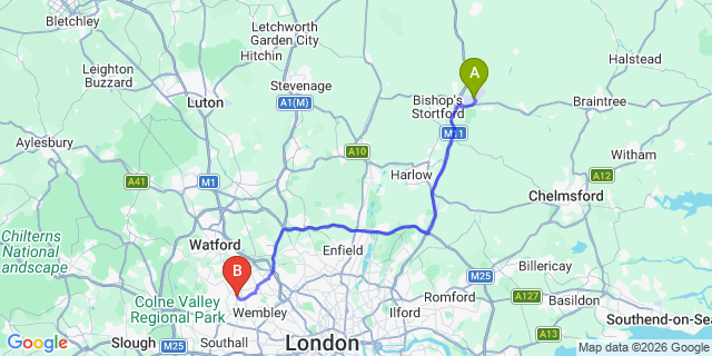 Map: London Stansted Airport (STN) to London - Harrow