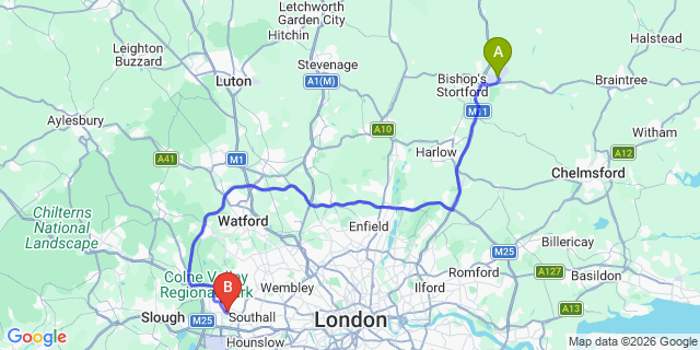 Map: London Stansted Airport (STN) to London - Hayes
