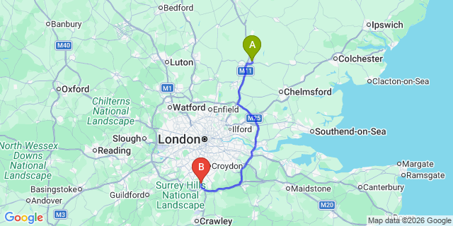 Map: London Stansted Airport (STN) to London - Hooley