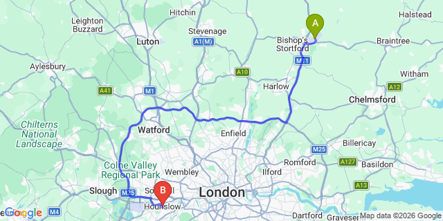 Map: London Stansted Airport (STN) to London - Hunslow