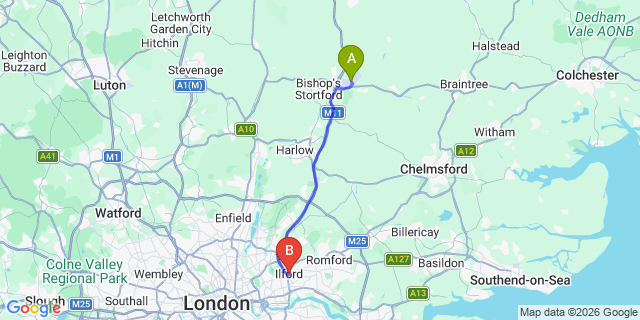 Map: London Stansted Airport (STN) to London - Illford