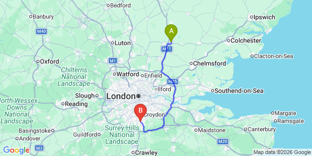 Map: London Stansted Airport (STN) to London - Kenley