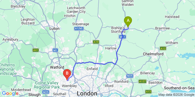 Map: London Stansted Airport (STN) to London - Kenton