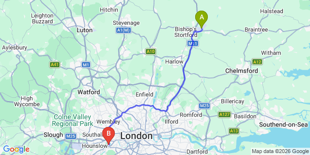 Map: London Stansted Airport (STN) to London - Kew