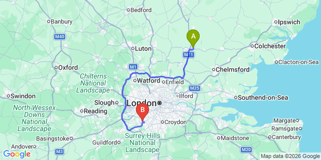 Map: London Stansted Airport (STN) to London - Long Ditton