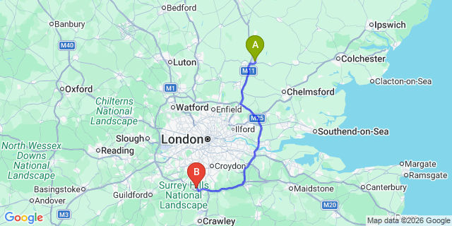 Map: London Stansted Airport (STN) to London - Lower Kingswood