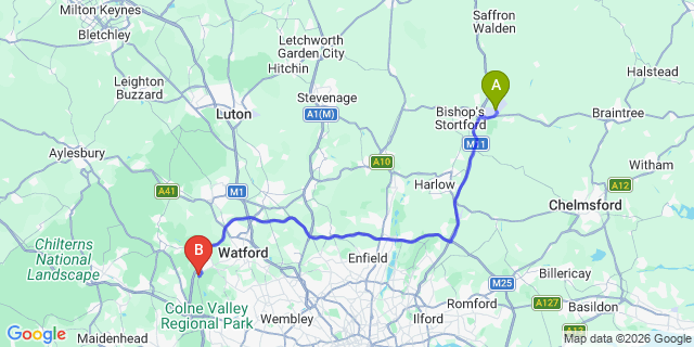 Map: London Stansted Airport (STN) to London - Maple Cross