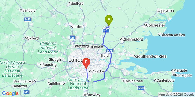 Map: London Stansted Airport (STN) to London - Mitcham