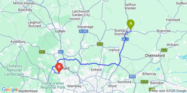Map: London Stansted Airport (STN) to London - Moor Park