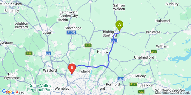 Map: London Stansted Airport (STN) to London N20
