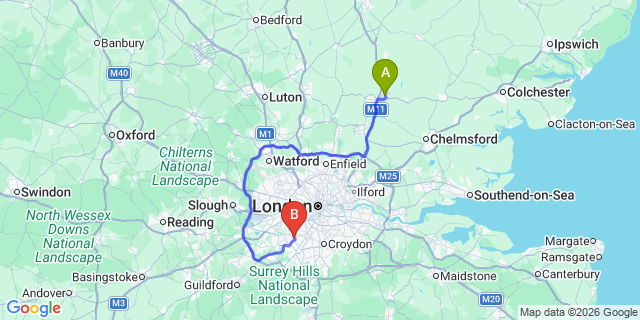 Map: London Stansted Airport (STN) to London - New Malden