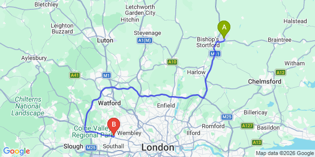 Map: London Stansted Airport (STN) to London - Northolt