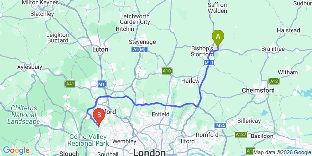 Map: London Stansted Airport (STN) to London - Northwood