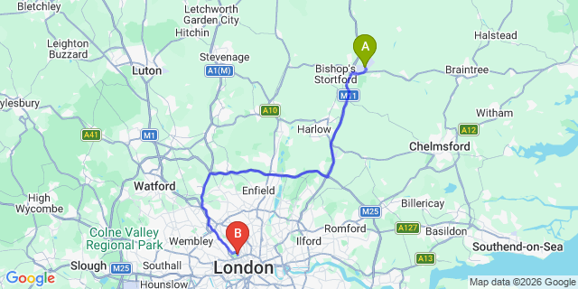 Map: London Stansted Airport (STN) to London NW1