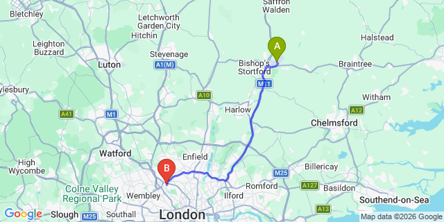 Map: London Stansted Airport (STN) to London NW11
