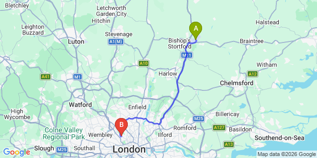 Map: London Stansted Airport (STN) to London NW3