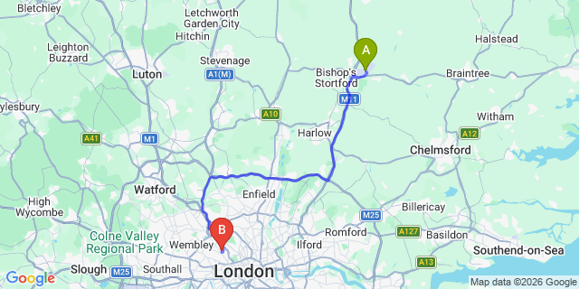 Map: London Stansted Airport (STN) to London NW6